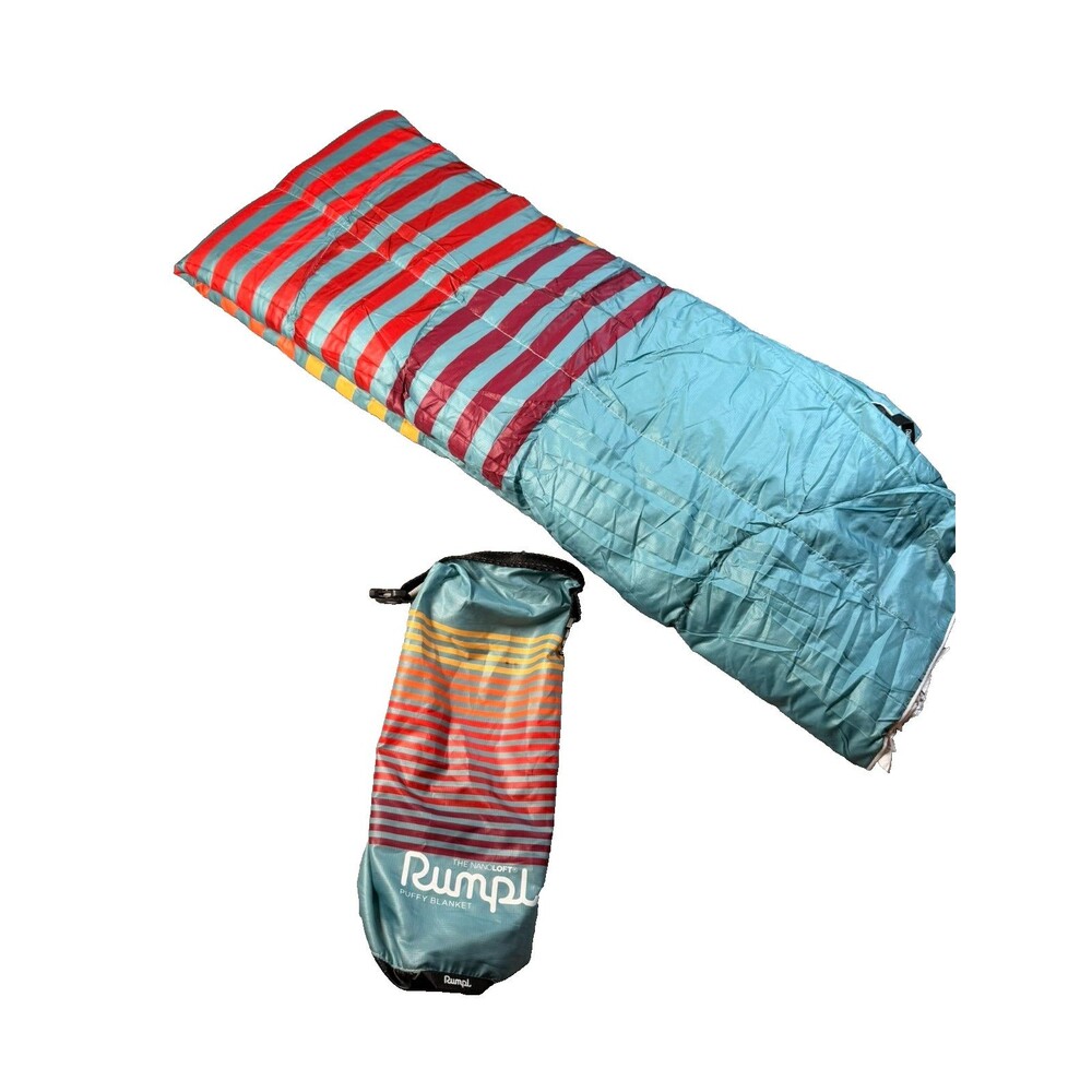 Rumpl Nanoloft Puffy Personal size packable camping blanket rainbow stripes